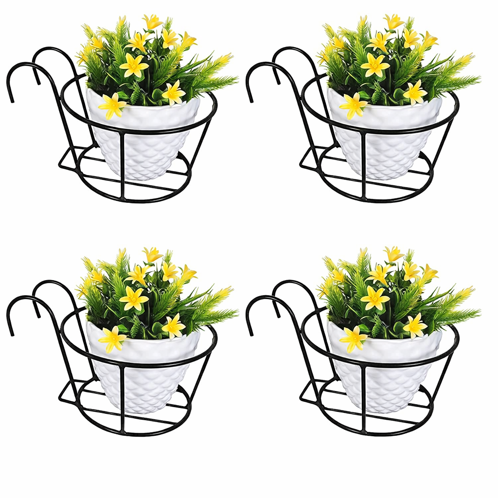 Hanging Flower Pot Holder for Balcony & Railing | Iron Gamla Stand for Home Decor Set of 4